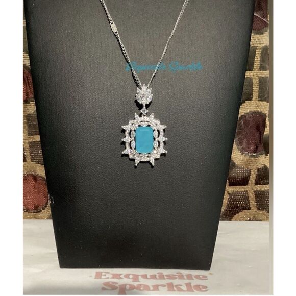 Lab Created  Paraiba Tourmaline &Zircon vintage inspired silver Pendant necklace - Picture 8 of 16